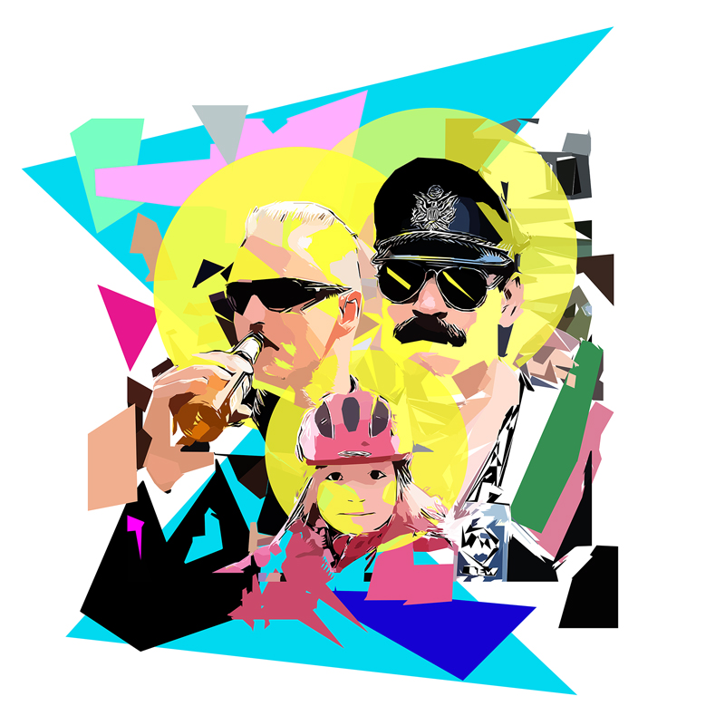 Deux hommes en lunettes noires, dont un moustachu portant une casquette, derrière un enfant au casque rose, parmi des disques jaunes et des fragments géométriques turquoise, roses et noirs.