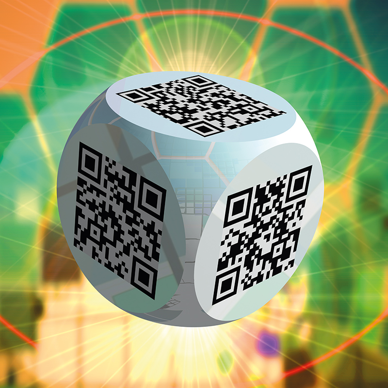 Ben 3.0 – Les oiseaux, sculpture cubique blanche de Pierre Tomy Le Boucher portant six QR codes noirs, présentée dans un décor numérique vert, jaune et lumineux.