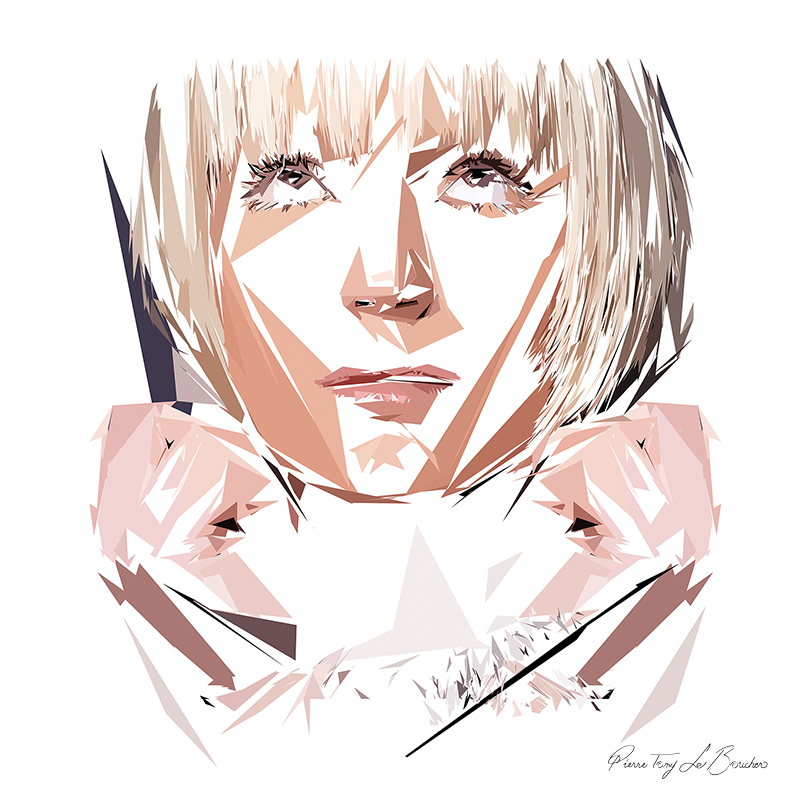 Portrait de Léto, femme blonde au regard direct, composée de formes polygonales blanches, beiges, roses et brunes.