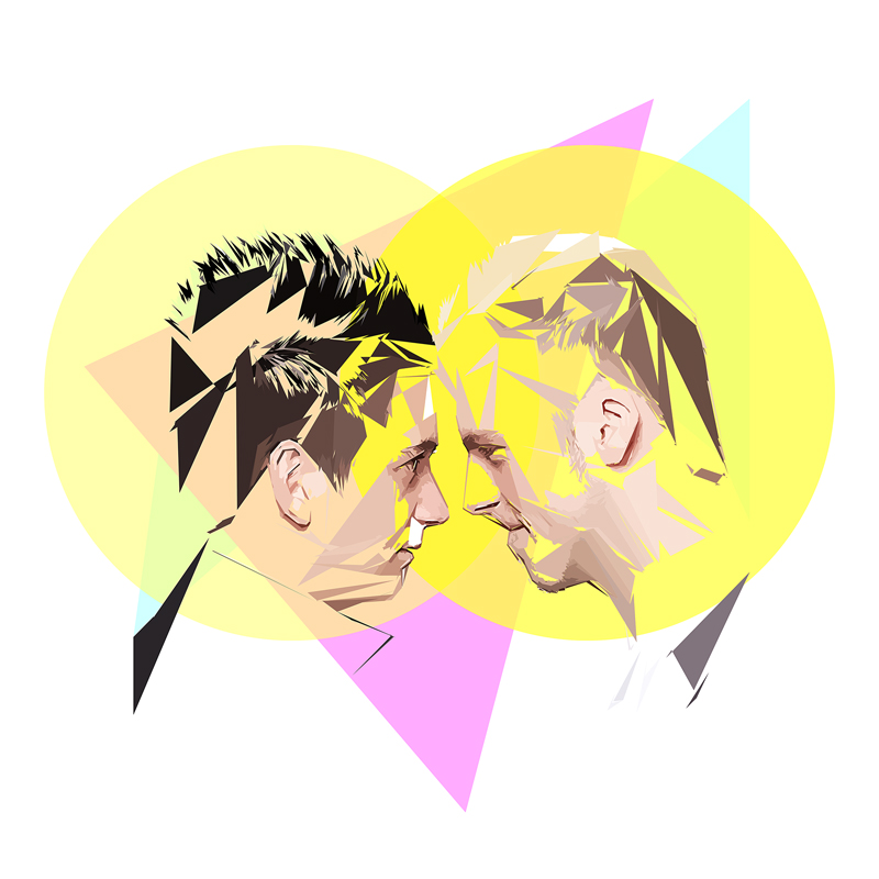 Deux visages masculins de profil, presque front contre front, construits en fragments anguleux devant deux grands disques jaunes, avec des triangles roses et turquoise sur fond blanc.