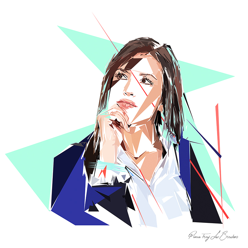 Portrait de Lissandra, femme brune au regard levé et à la main posée sous le menton, composée de formes polygonales bleues, vertes, beiges, blanches et noires.