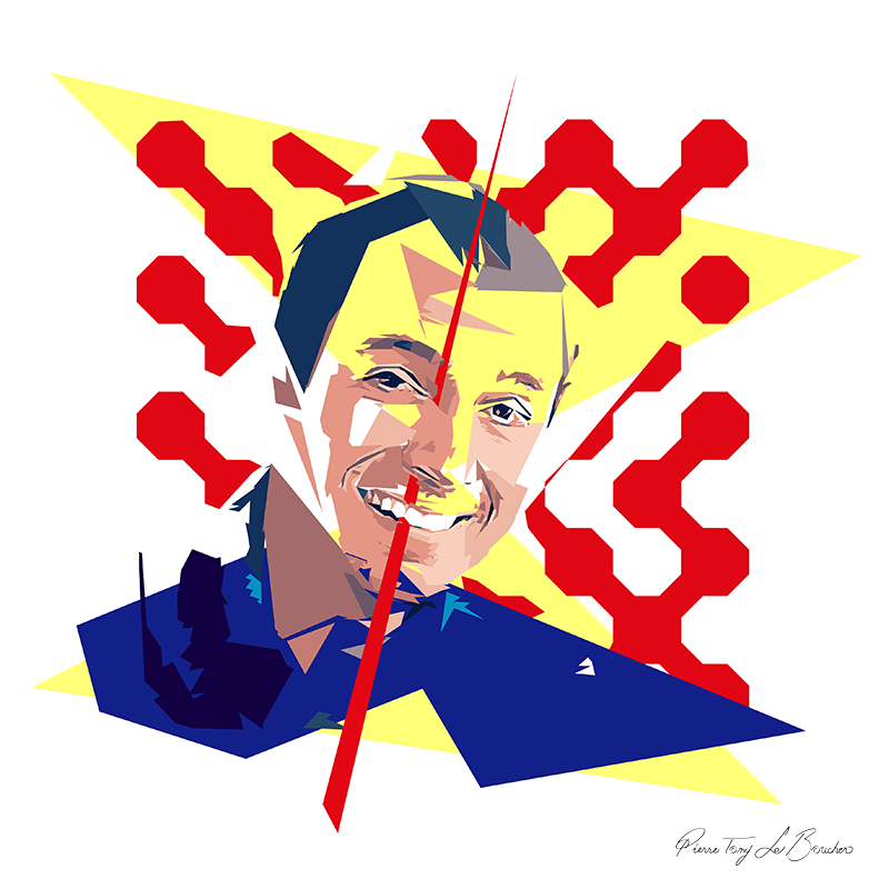 Portrait de Loïc Ballet construit en facettes colorées sur fond blanc, entouré de grandes formes jaunes et de motifs géométriques rouges.