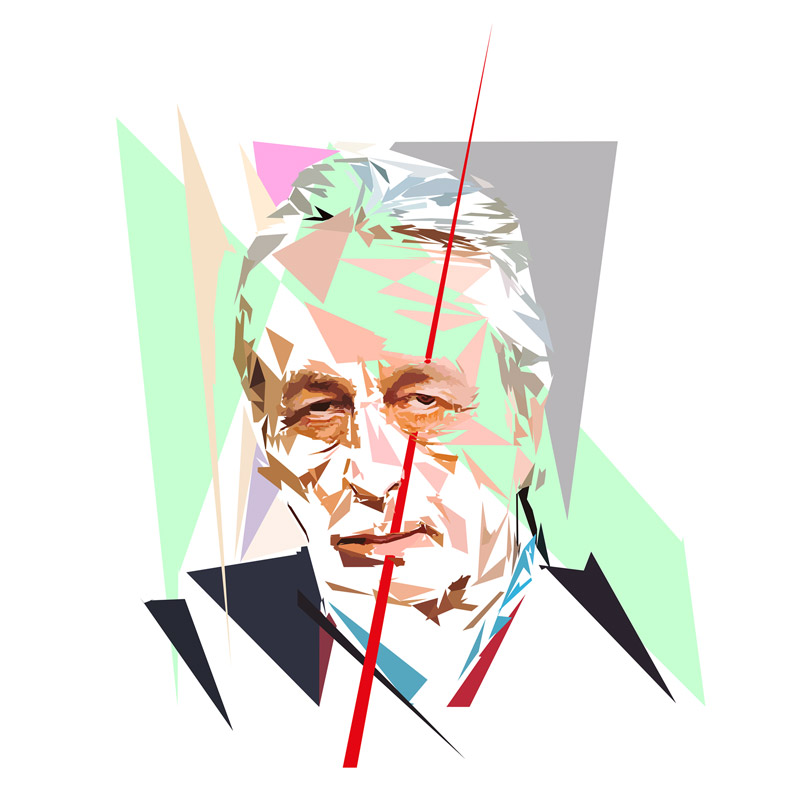 Portrait de Louis Althusser composé de polygones, d’aplats colorés et de lignes droites, œuvre de Pierre Tomy Le Boucher.