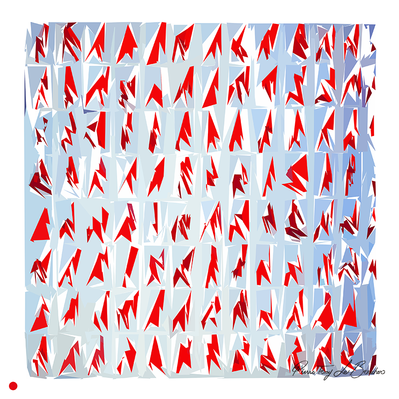 Réinterprétation de Papiers collés de Louis Cane, grille de motifs rouges fragmentés en droites et pointes sur des surfaces géométriques blanches et bleu pâle, œuvre de Pierre Tomy Le Boucher.