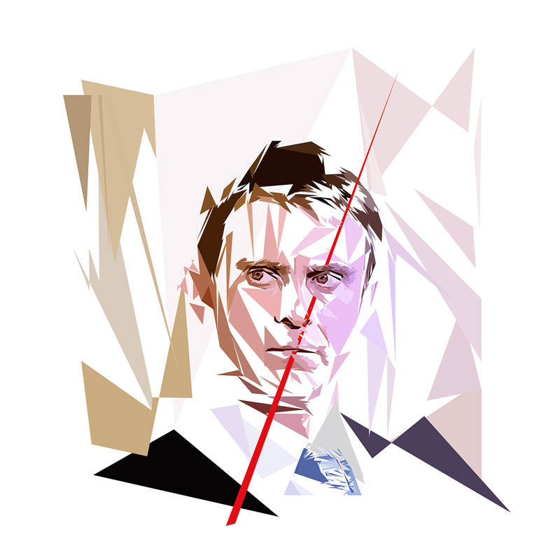 Portrait numérique de Manuel Valls composé de formes polygonales, d’aplats beige, bruns, mauves, noirs et blancs, traversé par une longue ligne rouge.