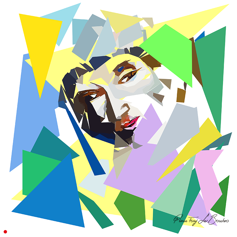 Réinterprétation du Portrait de l’artiste de Marc Chagall de 1914, autoportrait au visage incliné reconstruit en droites et plans géométriques jaunes, bleus, verts, bruns et mauves, œuvre de Pierre Tomy Le Boucher.