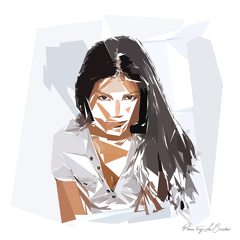 Portrait de Margot, compagne de Dionysos, femme brune aux cheveux longs composée de formes polygonales blanches, brunes, grises et beiges.