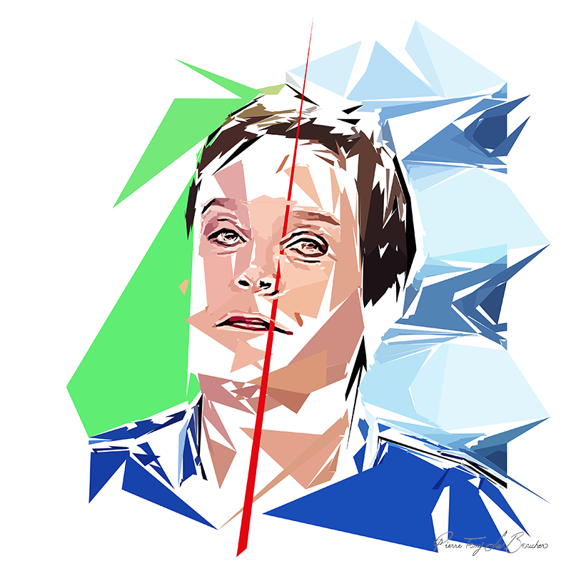 Portrait de Marie-Dominique Perrin construit en facettes colorées sur fond blanc, entouré de formes géométriques vertes, bleu clair et bleu profond.
