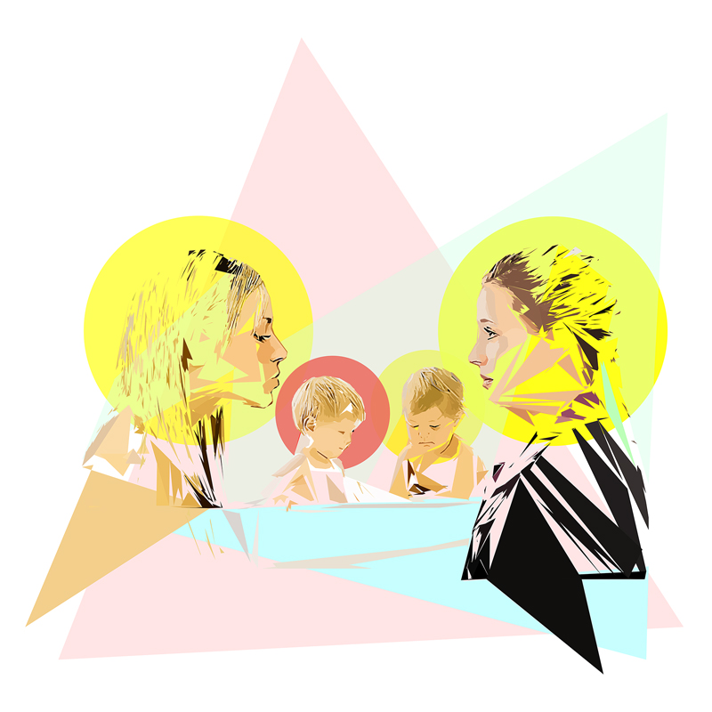 Deux femmes de profil entourées de disques jaunes encadrent deux enfants aux regards abaissés, l’un devant un disque rouge corail et l’autre devant un disque jaune pâle, parmi des triangles roses et turquoise.