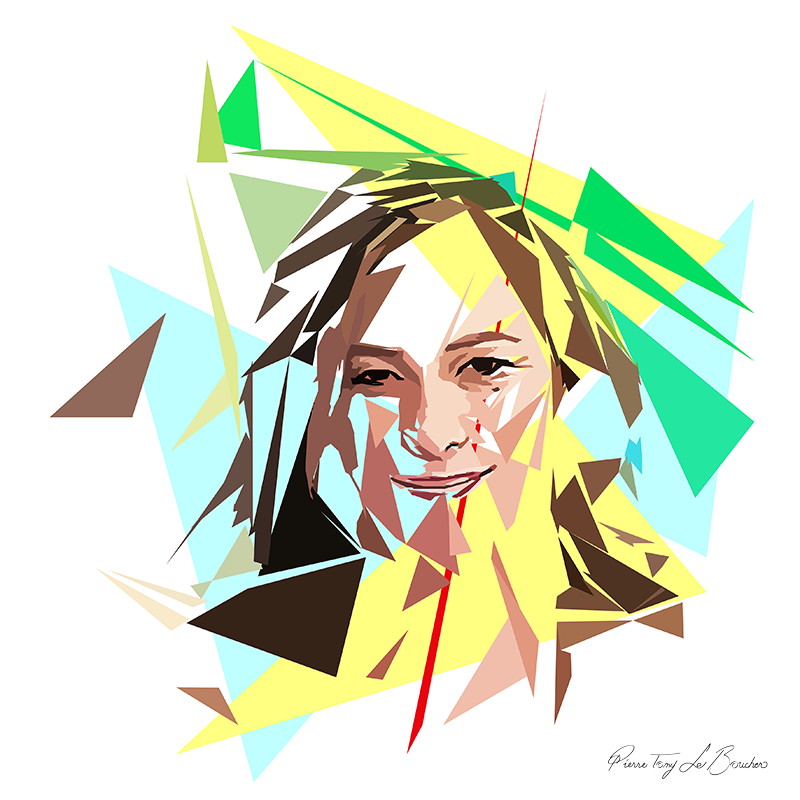 Portrait de Marie Mamgioglou construit en facettes colorées sur fond blanc, entouré de formes géométriques jaunes, vertes, turquoise et brunes.