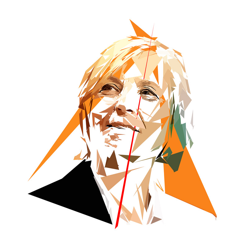 Portrait numérique de Marielle de Sarnez composé de formes polygonales, d’aplats orange, beige, verts, noirs et blancs, traversé par une longue ligne rouge.