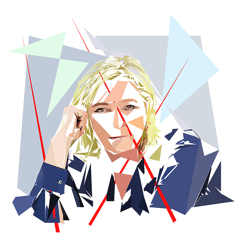 Portrait numérique de Marine Le Pen composé de formes polygonales, d’aplats bleu gris, bleu nuit, vert pâle, beige et blancs, traversé par plusieurs lignes rouges.
