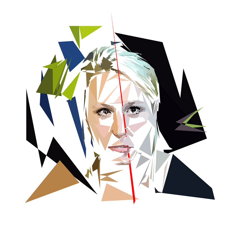 Portrait numérique de Marion Maréchal-Le Pen composé de formes polygonales, d’aplats noirs, verts, bleus, beige et blancs, traversé par une ligne rouge verticale.
