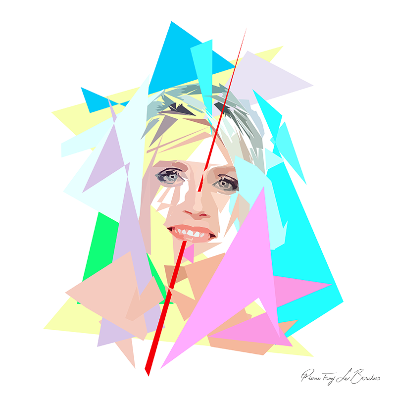 Portrait de Mélanie Griffon construit en facettes colorées sur fond blanc, entouré de formes géométriques turquoise, roses, vertes, jaunes et mauves.