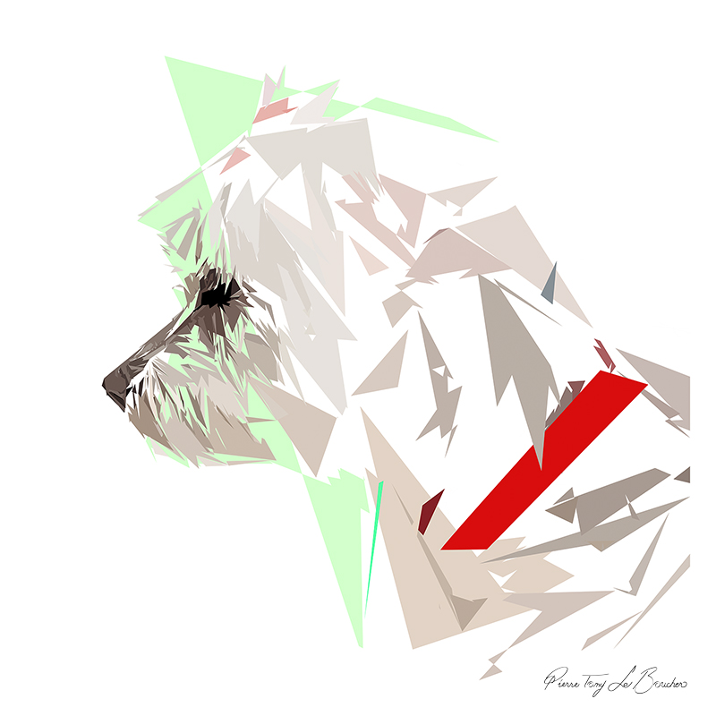 Portrait de profil de Menthéos, chien d’Hadès au pelage clair, composé de formes polygonales blanches, beiges et grises avec un collier rouge.