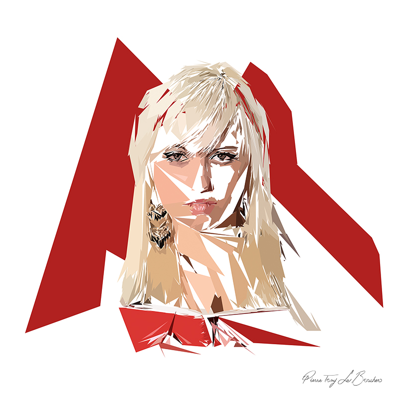 Portrait de Métis, femme blonde au regard direct composée de formes polygonales blanches, beiges et brunes devant de grands aplats rouges.