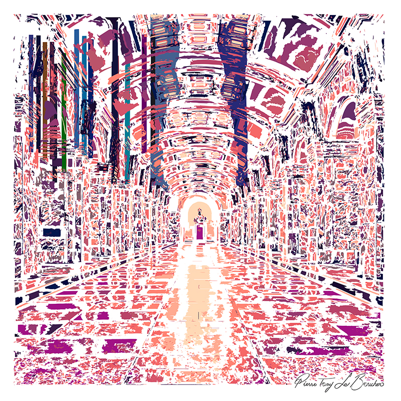 Espace monumental du métro de Saint-Pétersbourg transformé en composition graphique rouge, rose, violette, bleue et blanche, œuvre de la série Architexture.