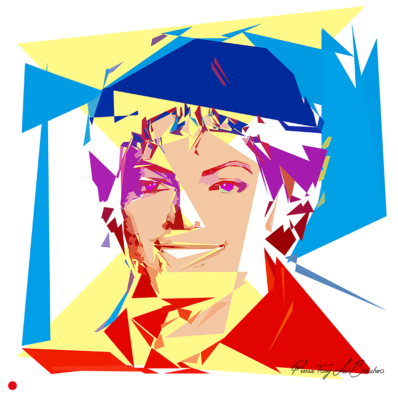 Réinterprétation du portrait Michael Jackson d’Andy Warhol de 1984, visage de la star reconstruit en droites, triangles et grands plans géométriques bleus, jaunes, rouges, violets et chair, œuvre de Pierre Tomy Le Boucher.
