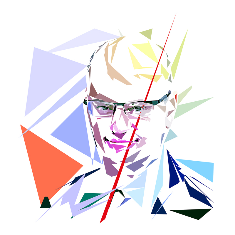 Portrait numérique de Jean-Michel Blanquer composé de formes polygonales, d’aplats bleu clair, orange, vert, violet, beige et blancs, traversé par une longue ligne rouge.