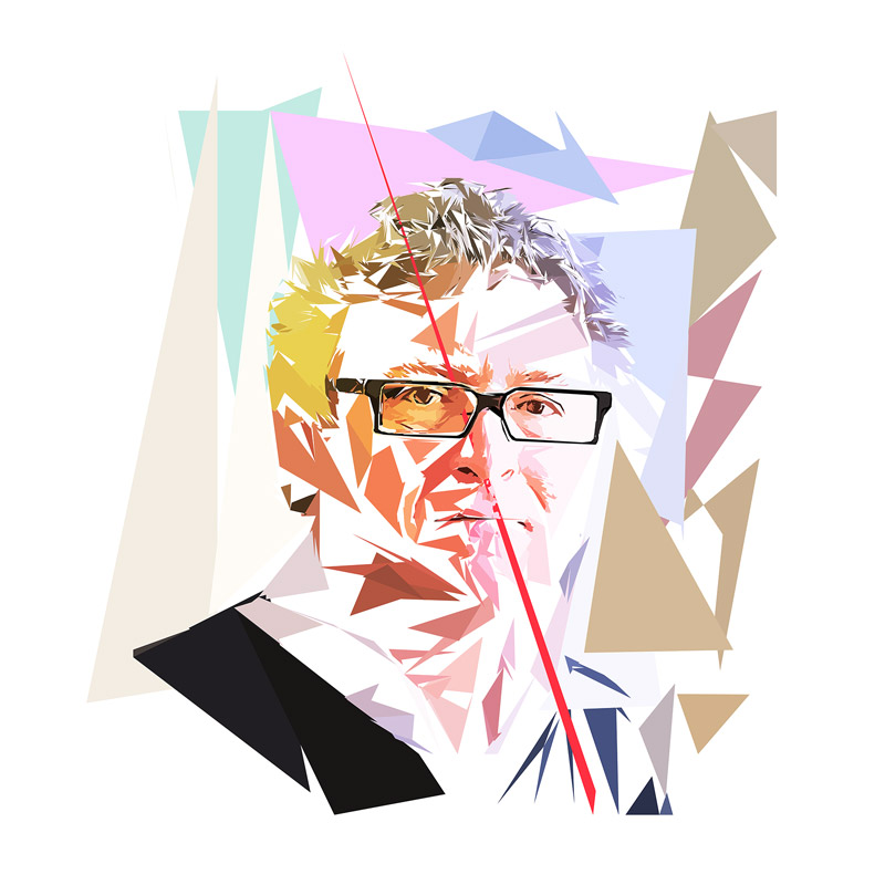 Portrait de Michel Onfray composé de polygones, d’aplats colorés et de lignes droites, œuvre de Pierre Tomy Le Boucher.