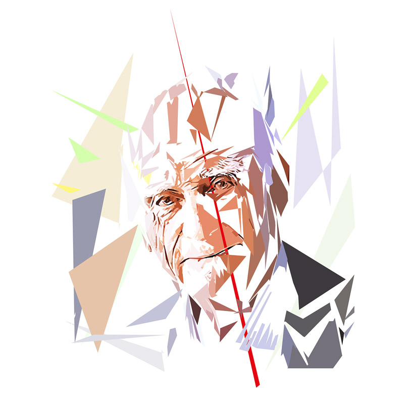 Portrait de Michel Serres composé de polygones, d’aplats colorés et de lignes droites, œuvre de Pierre Tomy Le Boucher.