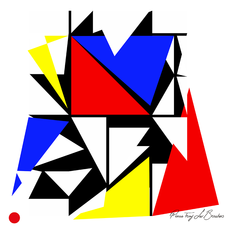 Réinterprétation de Composition n° 4 avec rouge et bleu de Piet Mondrian, composition abstraite transformée en droites, triangles et plans géométriques rouges, bleus, jaunes, noirs et blancs, œuvre de Pierre Tomy Le Boucher.