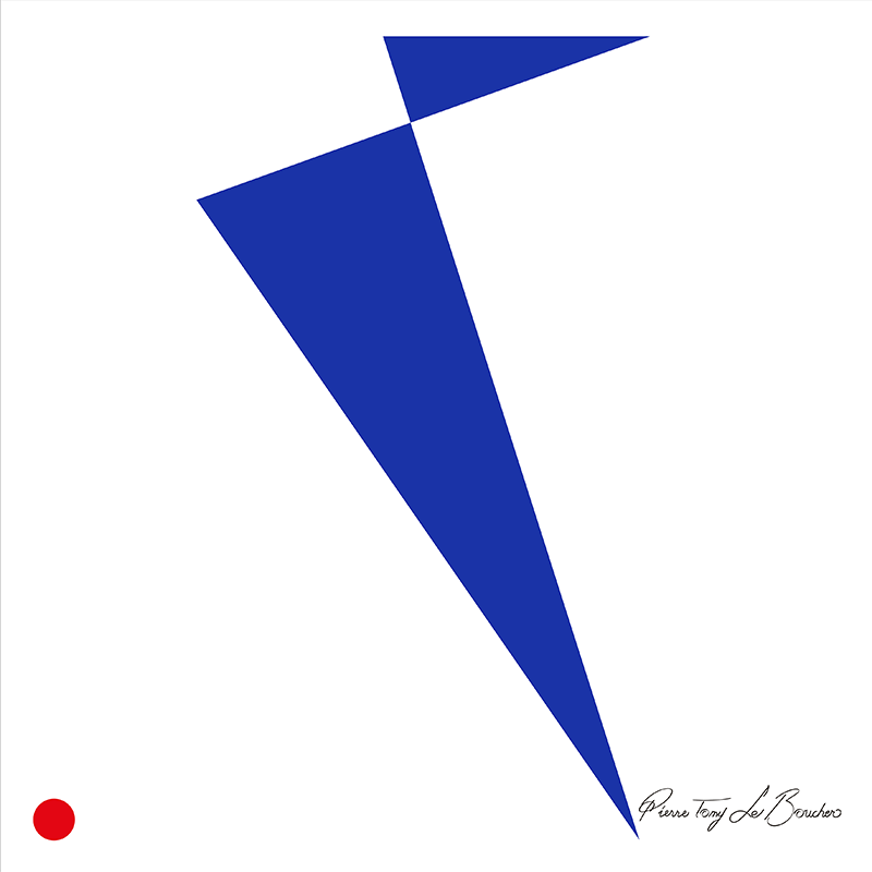 Réinterprétation des monochromes bleus IKB d’Yves Klein, grande forme abstraite bleue composée uniquement de droites et de pointes sur fond blanc, œuvre de Pierre Tomy Le Boucher.