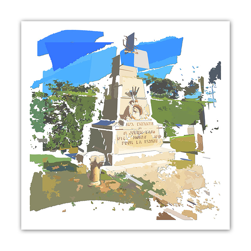 Monument aux morts en pierre entouré de végétation, recomposé en fragments bleus, verts, beiges et blancs, œuvre Comma Mort pour la patrie de Pierre Tomy Le Boucher.