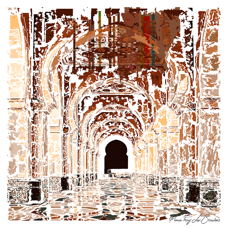 Perspective intérieure de la mosquée Hassan-II de Casablanca transformée en composition graphique ocre, brune et blanche, œuvre de la série Architexture.