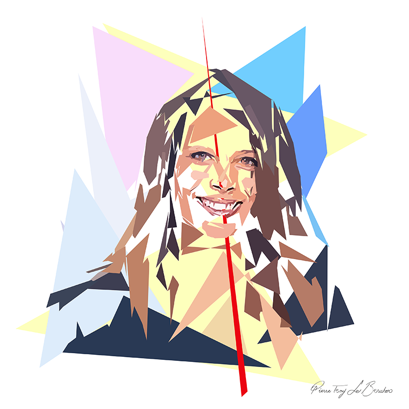 Portrait de Myriam Seurat construit en facettes colorées sur fond blanc, entouré de formes géométriques roses, jaunes, bleues, grises et bleu sombre.