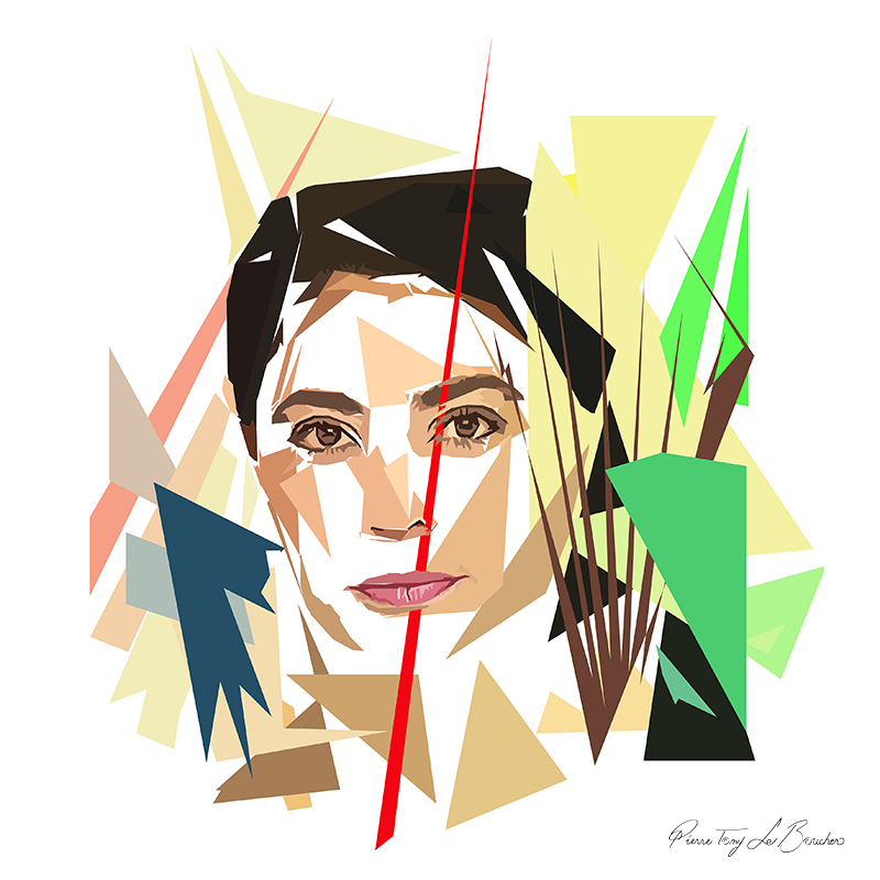 Portrait de Nabila Tabouri construit en facettes colorées sur fond blanc, entouré de formes géométriques jaunes, vertes, bleu sombre, brunes et roses.