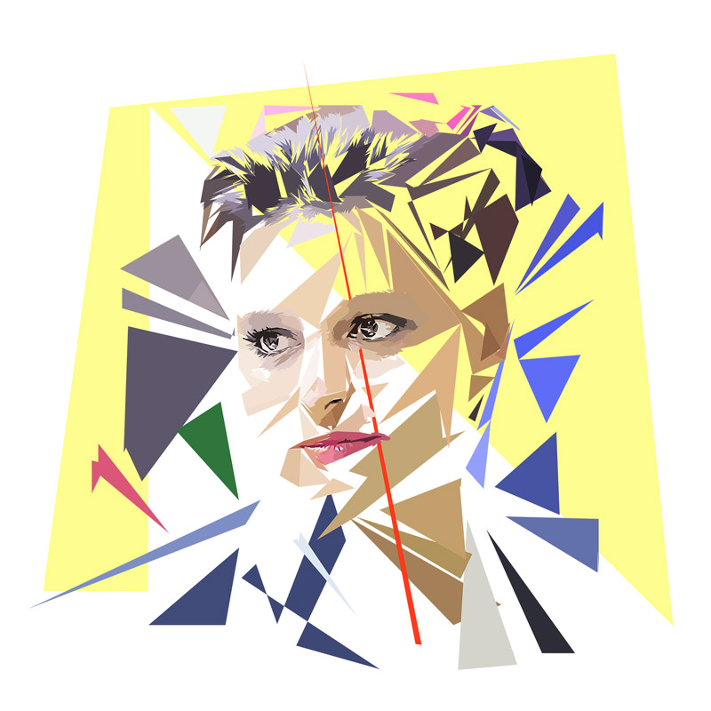 Portrait numérique de Najat Vallaud-Belkacem composé de formes polygonales, d’aplats jaune vif, violet, bleu, vert, beige et blancs, traversé par plusieurs lignes rouges.