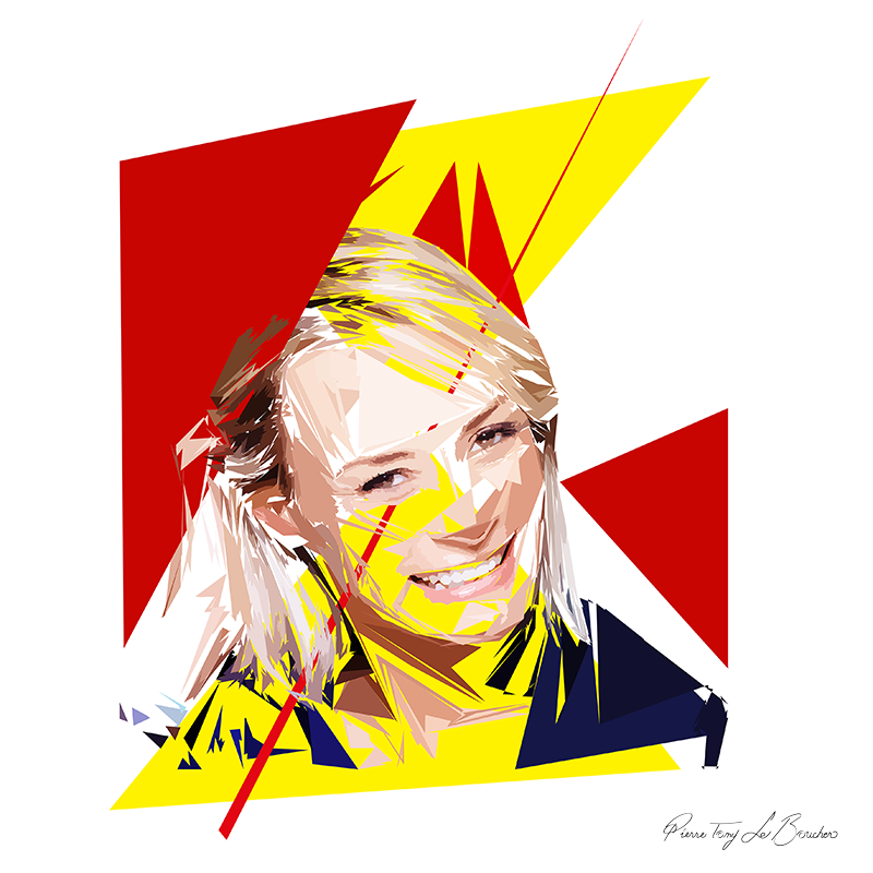 Portrait de Natacha Harry construit en facettes colorées sur fond blanc, entouré de grandes formes géométriques rouges, jaunes et bleu nuit.
