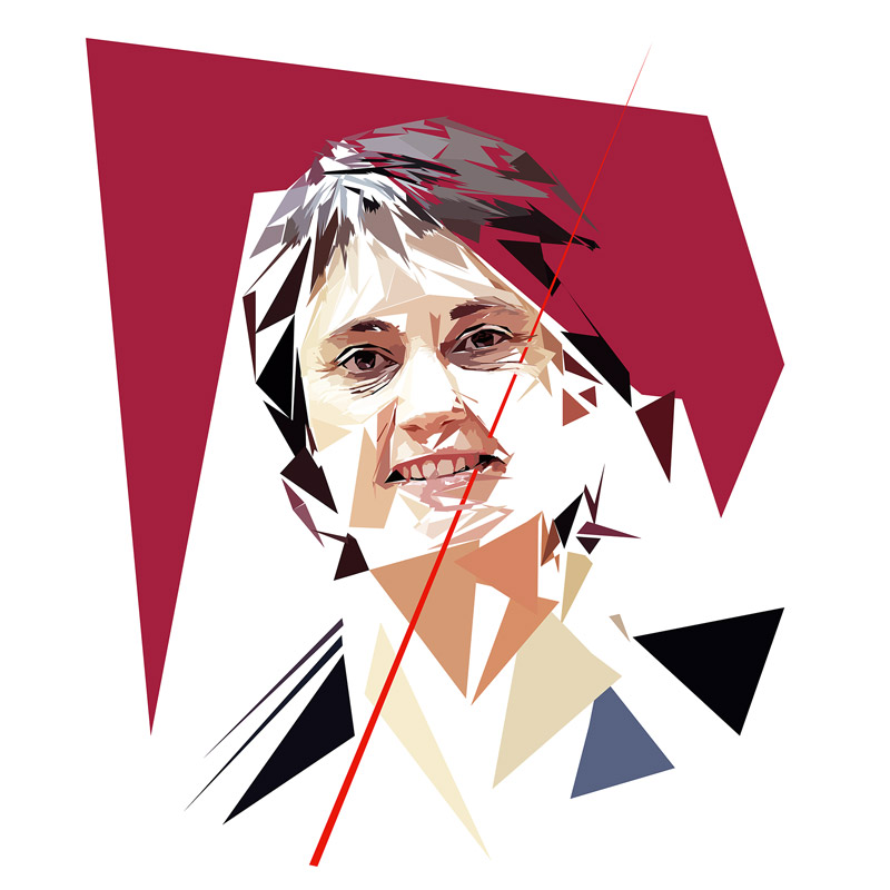 Portrait numérique intitulé Nathalie Arthaud composé de formes polygonales, d’aplats bordeaux, noirs, beige, gris et blancs, traversé par une longue ligne rouge.