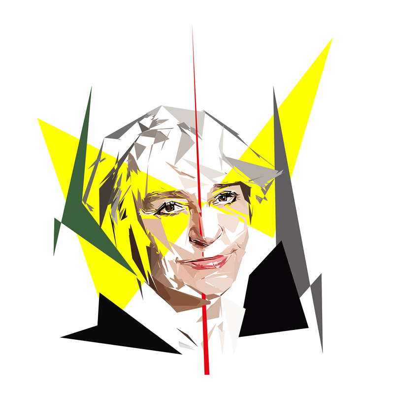 Portrait de Nathalie Heinich composé de polygones, d’aplats colorés et de lignes droites, œuvre de Pierre Tomy Le Boucher.