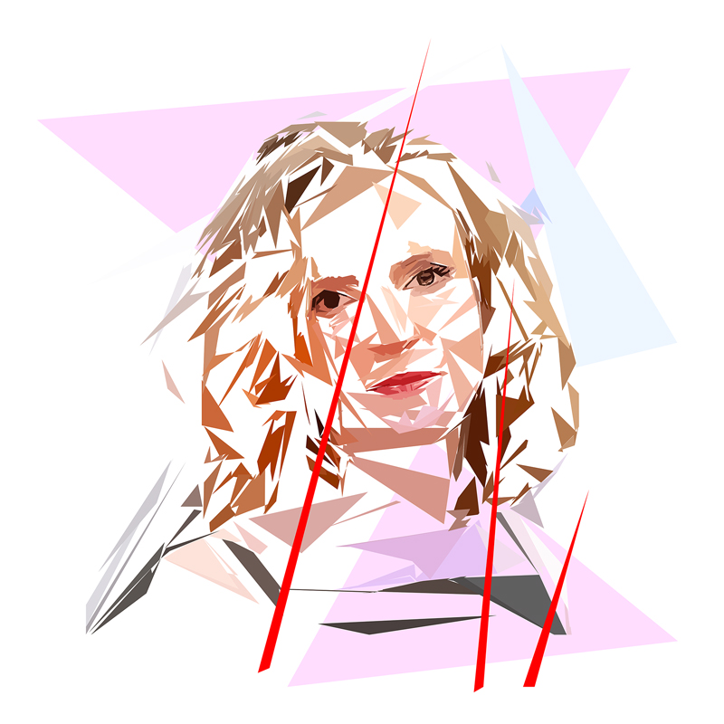Portrait numérique intitulé Nathalie Kosciusko-Morizet composé de formes polygonales, d’aplats roses, beige, bruns, gris et blancs, traversé par plusieurs lignes rouges.