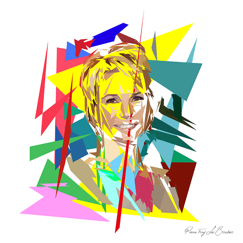 Portrait de Nathalie Rihouet construit en facettes colorées sur fond blanc, entouré de formes géométriques jaunes, rouges, vertes, turquoise, bleues et roses.