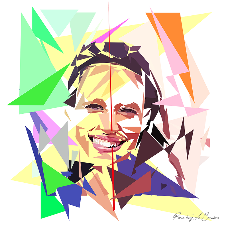 Portrait de Nathalie Schraen-Guirma construit en facettes colorées sur fond blanc, entouré de formes géométriques vertes, roses, jaunes, orange, violettes et bleues.