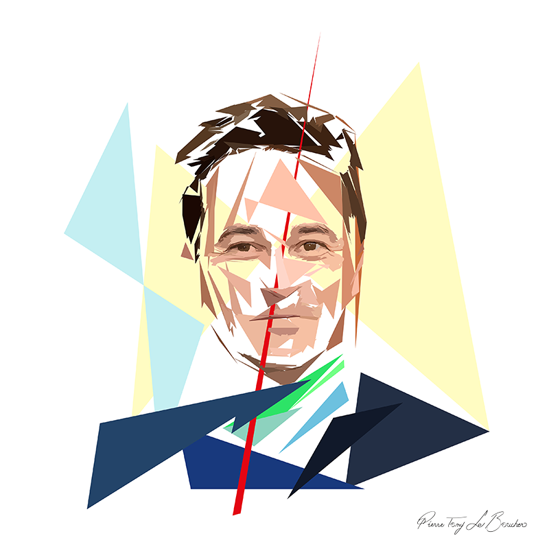 Portrait de Nathanaël de Rincquesen construit en facettes colorées sur fond blanc, entouré de formes géométriques jaunes, bleu clair, vertes et bleu sombre.