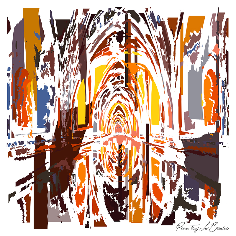 Nef gothique transformée en composition graphique orange, brune, blanche et grise, organisée autour d’une perspective centrale, œuvre de la série Architexture.