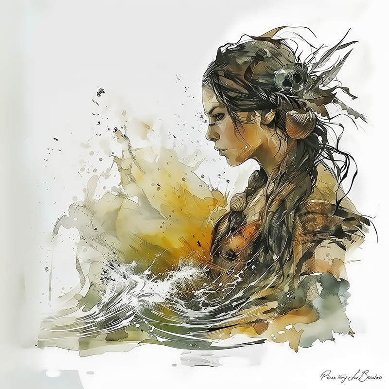 Peinture sur toile représentant Nésoï, divinité grecque personnifiée des îles, figure féminine associée à la mer et aux rivages dans un style de peinture contemporaine inspirée de la mythologie grecque.