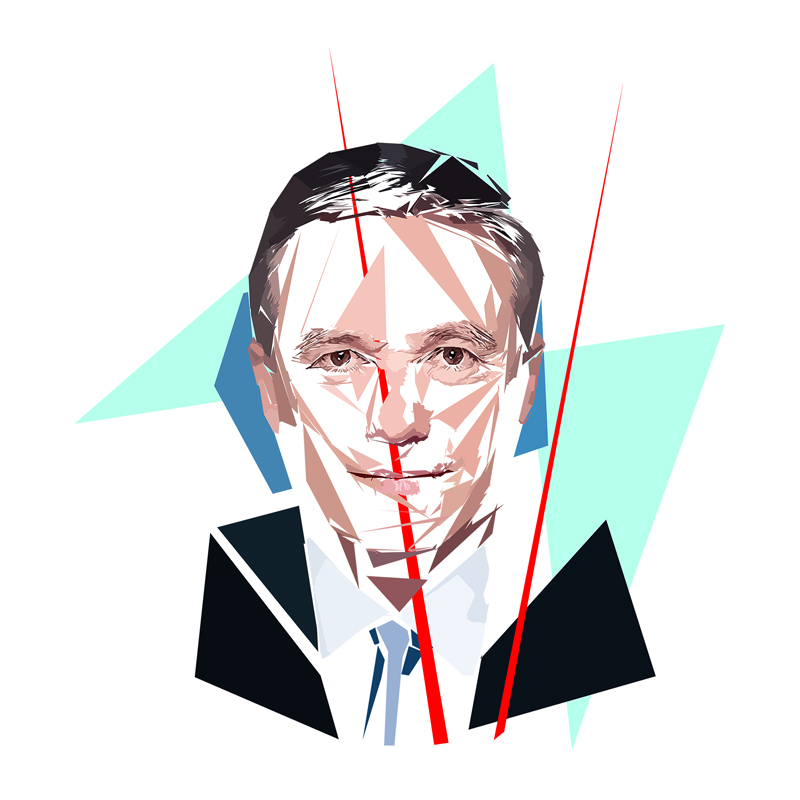 Portrait numérique de Nicolas Dupont-Aignan composé de formes polygonales, d’aplats turquoise, bleu, noir, beige et blancs, traversé par plusieurs lignes rouges.
