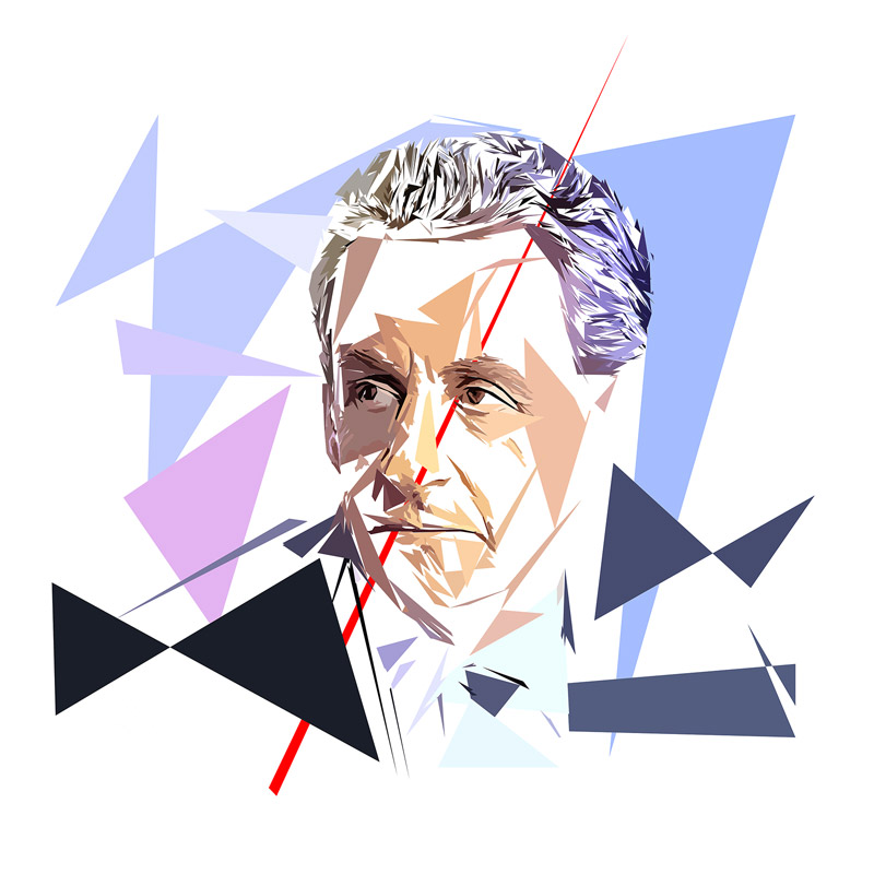 Œuvre numérique intitulée Nicolas Sarkozy composée de formes polygonales, d’aplats bleu clair, bleu sombre, noir, beige et blancs, traversée par une longue ligne rouge.