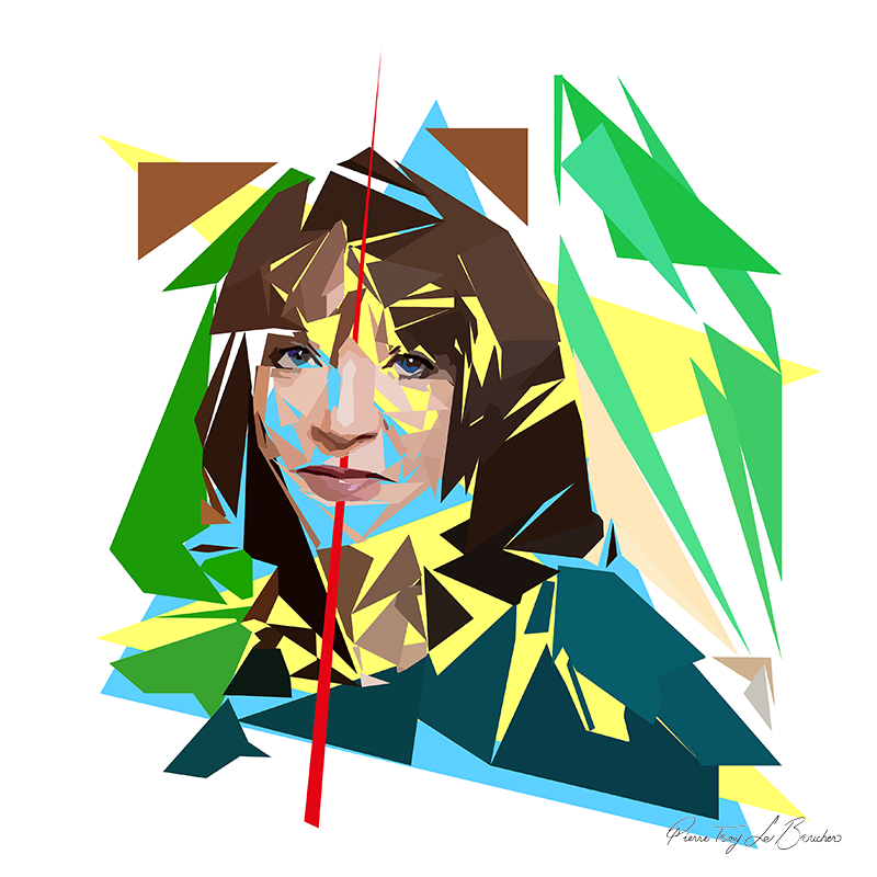 Portrait de Nicole Bacharan aux cheveux bruns, composé de facettes roses, beiges, jaunes et bleu clair, entouré de triangles verts et jaunes, avec un vêtement bleu pétrole et un long triangle rouge effilé sur fond blanc.