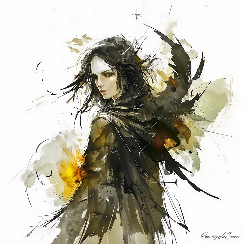 Peinture sur toile représentant Nyx, divinité grecque personnifiée de la nuit, figure féminine sombre entourée de ténèbres et d’éclats lumineux dans un style de peinture contemporaine inspirée de la mythologie grecque.