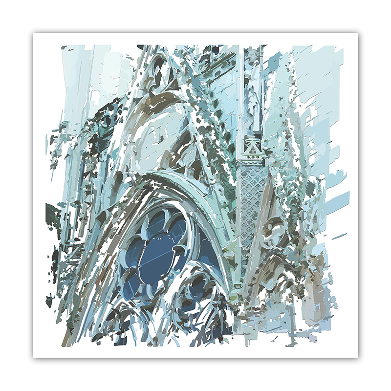 Oculus et architecture d’une église de Louviers recomposés en fragments bleu pâle, gris, blancs et verts, œuvre Comma de Pierre Tomy Le Boucher.