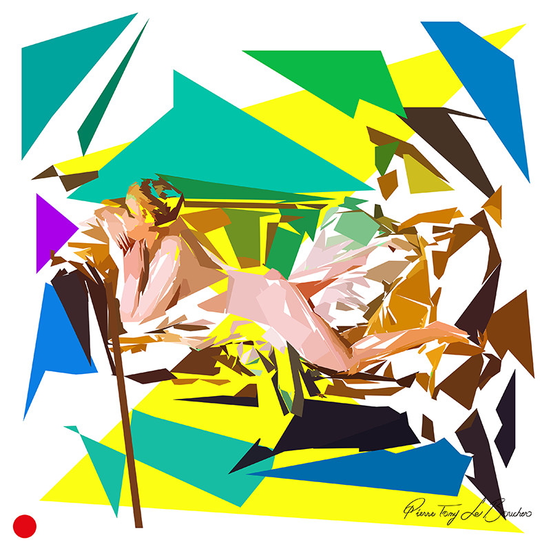 Réinterprétation de L’Odalisque blonde de François Boucher de 1752, figure féminine allongée reconstruite en droites, triangles et plans géométriques verts, bleus, jaunes, bruns et chair, œuvre de Pierre Tomy Le Boucher.