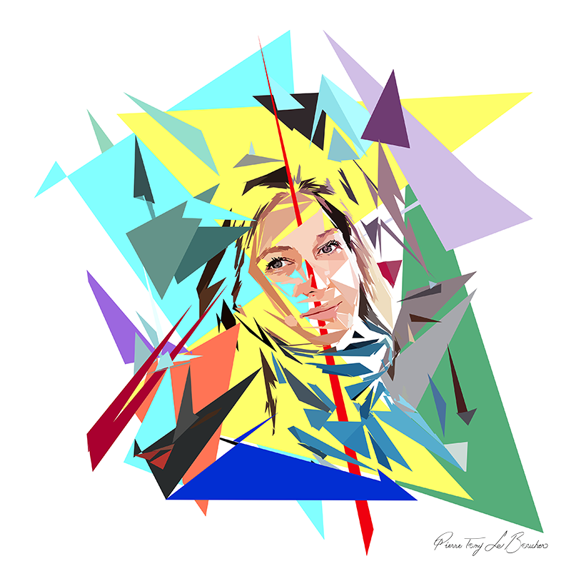 Portrait d’Olivia de Lamberterie construit en facettes colorées sur fond blanc, entouré de formes géométriques jaunes, turquoise, vertes, violettes, rouges et bleues.