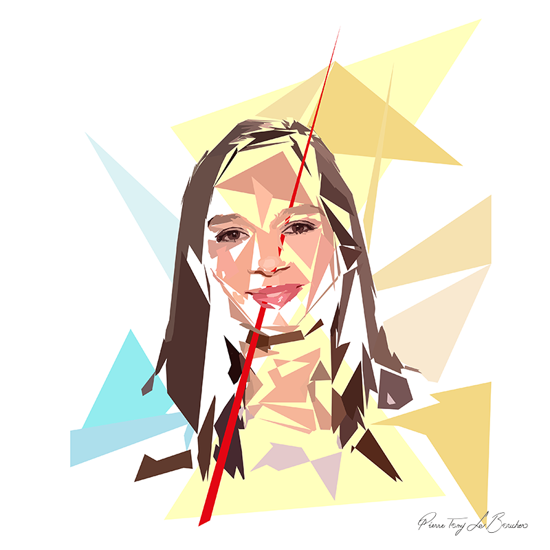 Portrait d’Olivia Schaller construit en facettes colorées sur fond blanc, entouré de formes géométriques jaunes, beiges et bleu clair.