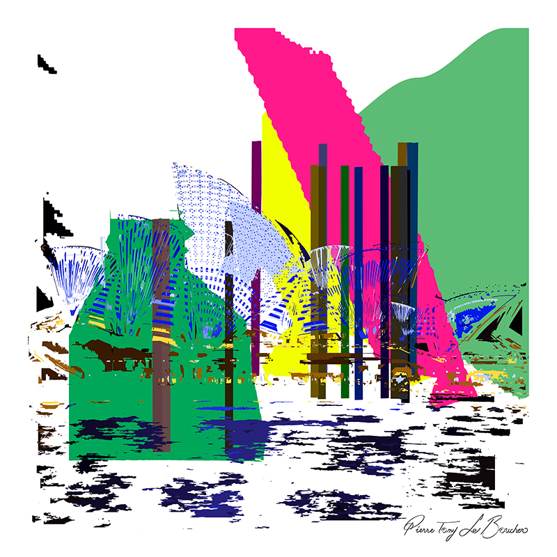 Opéra de Sydney transformé en composition graphique verte, jaune, bleue, fuchsia et blanche, œuvre de la série Architexture.